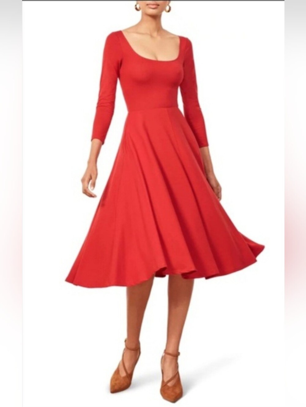 Reformation Jeans Red Scoop-Neck Fit & Flare Midi Dress, Size Medium
